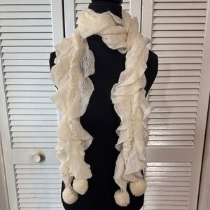 Ruffled Ivory Scarf with Pom Poms